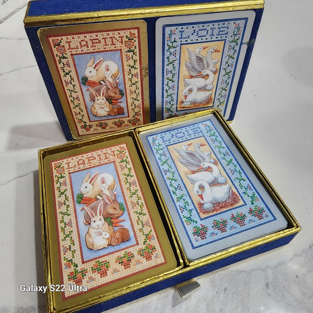 Vintage Congress Double Deck Playing Cards Velvet Case Rabbits and Swans